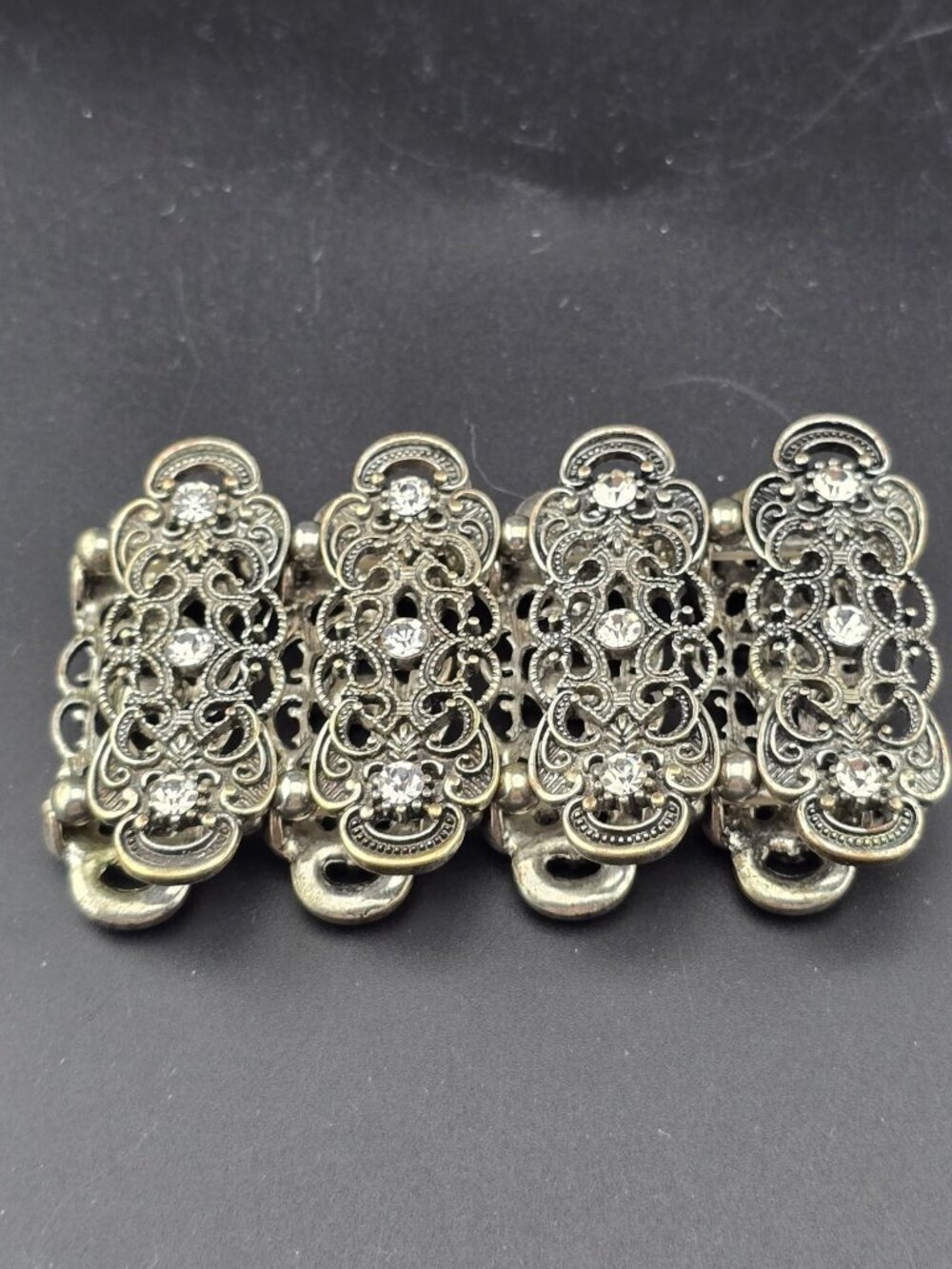 Gold and silver tone filigree Stretch Bracelet Rhinestone 6.25"- larger - Picture 4 of 8